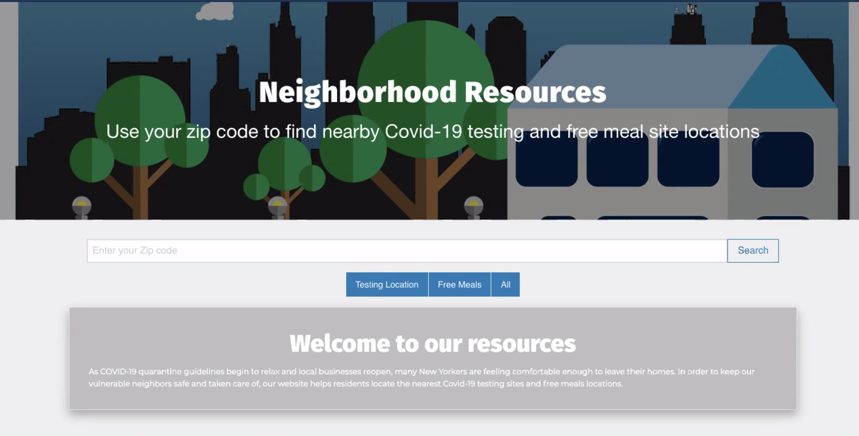 Neighborhood Quarantine Resources Application homepage screenshot